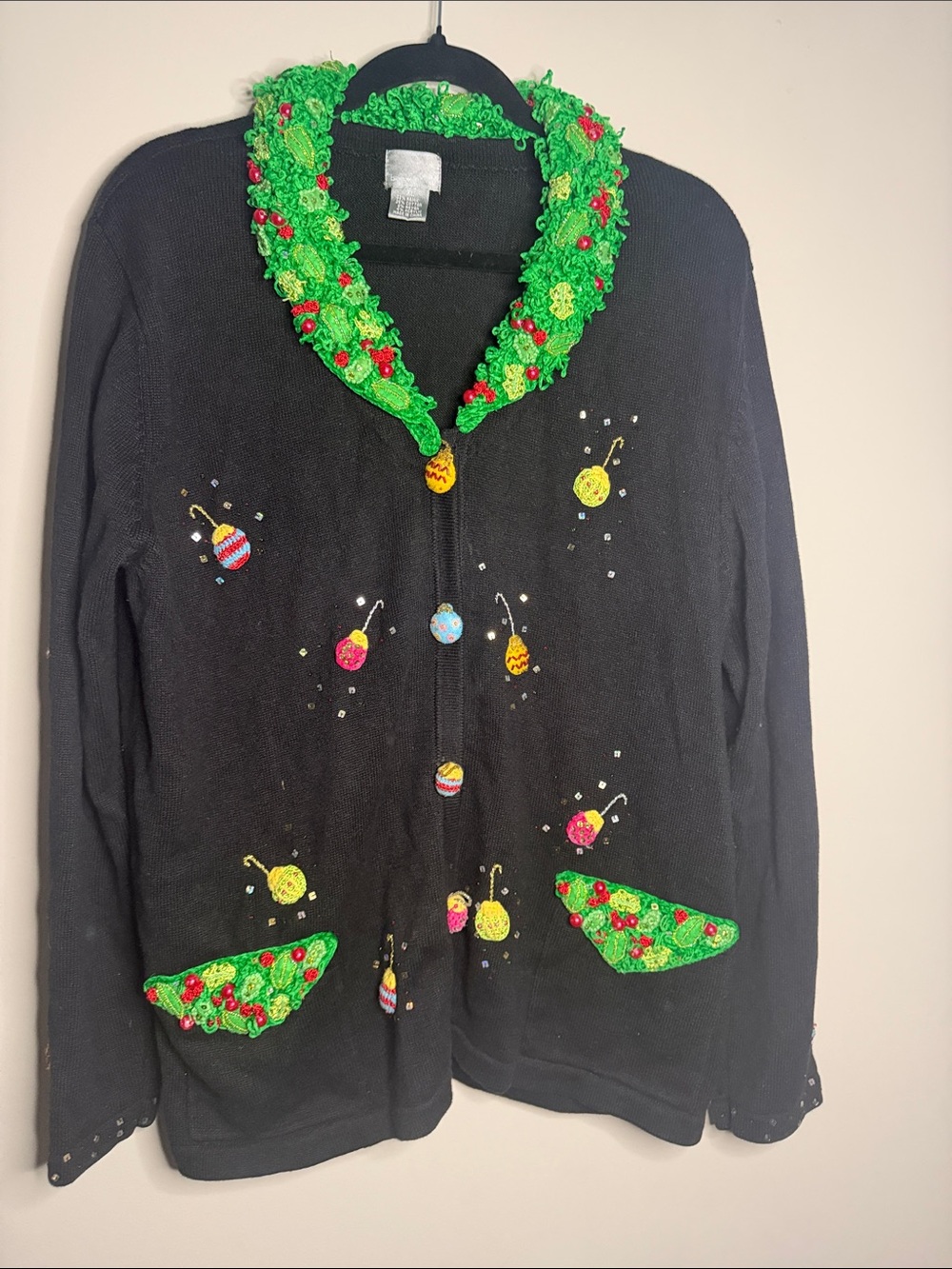 berek Black Holiday Cardigan with Green Crochet Collar & Ornament Accents